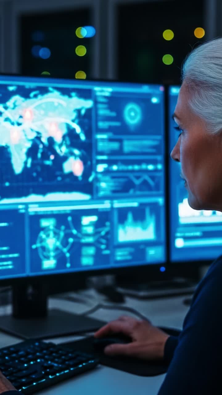 Analista concentrato che analizza contenuti visivi di dati su più monitor in una moderna control room durante un'operazione notturna con grafici e mappe dettagliati