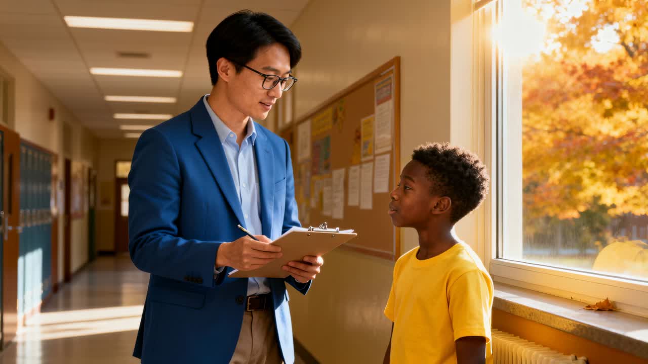 Checking clipboard teacher in blazer noting asking work by window student answering in yellow tee
