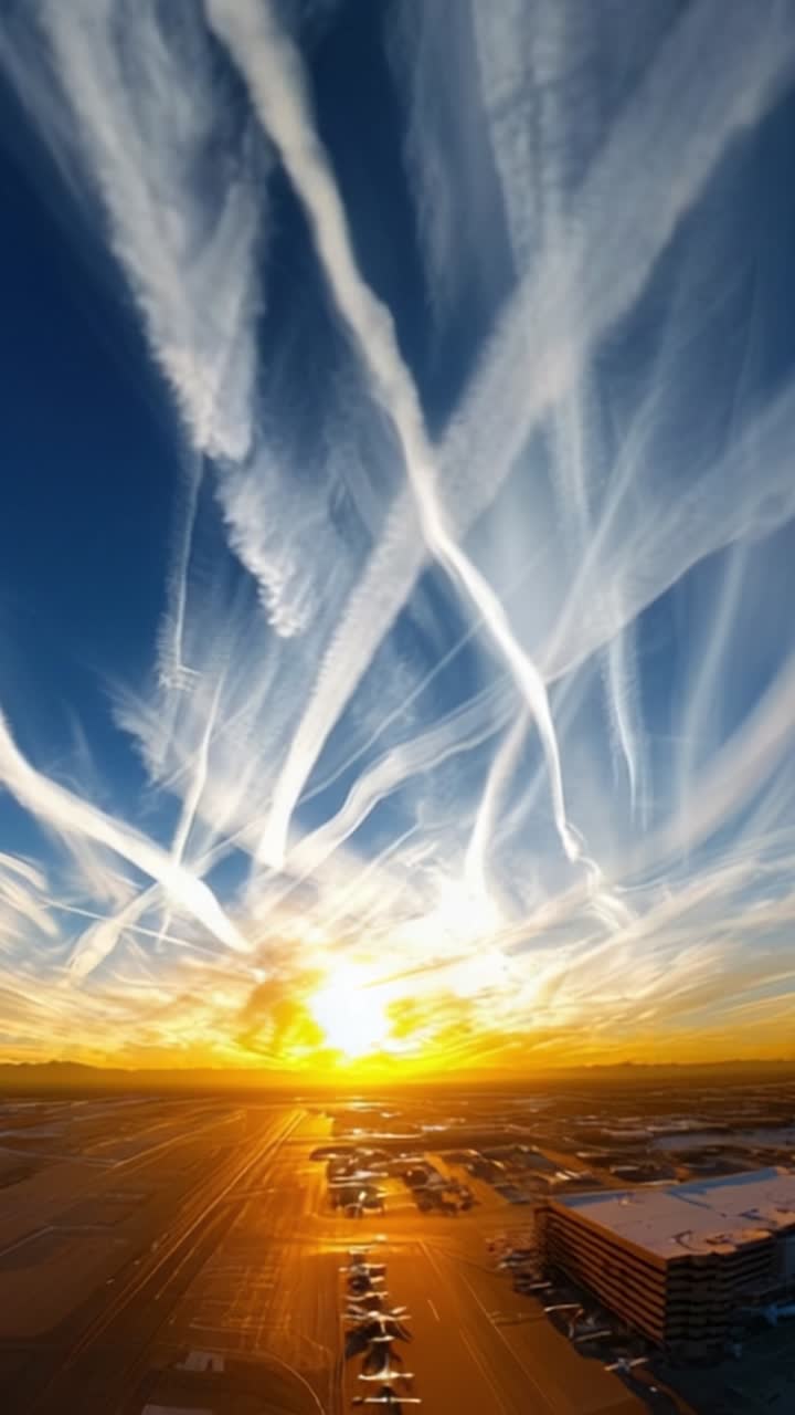 Céu Dramático Sobre o Aeroporto: Belo Pôr do Sol com Rastros de Condensação e Cores Vibrantes Refletindo no Chão, Criando uma Atmosfera Deslumbrante para Entusiastas de Viagens Aéreas