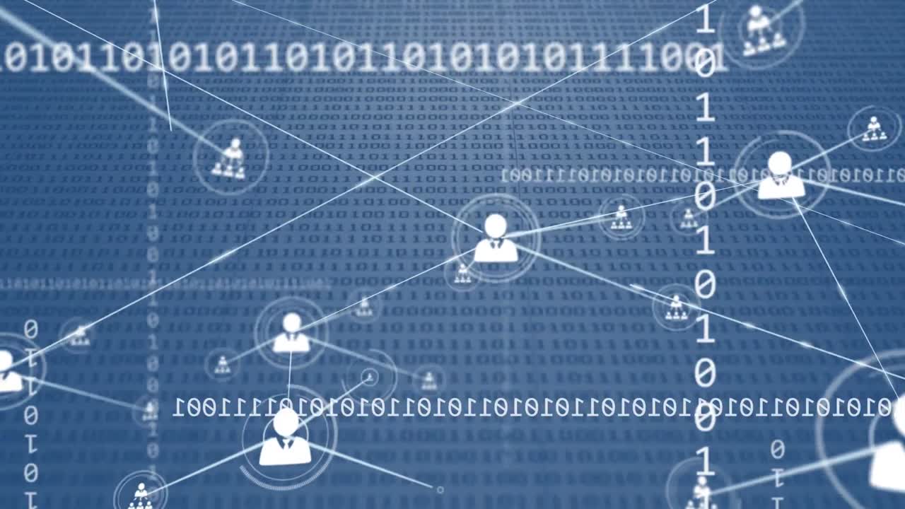 animación de iconos digitales, codificación binaria y procesamiento de datos