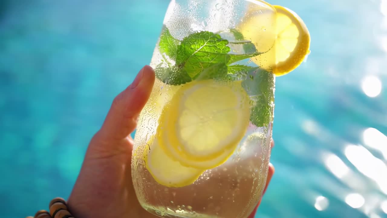 Video ravvicinato di una bevanda rinfrescante al limone con menta, ripreso ad altezza occhi vicino a una piscina