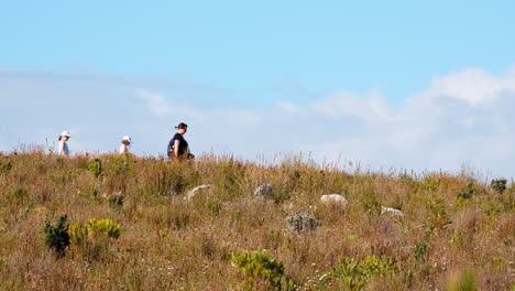 single mom and young twin girls daughters go for hike on hermanus mountain ridge