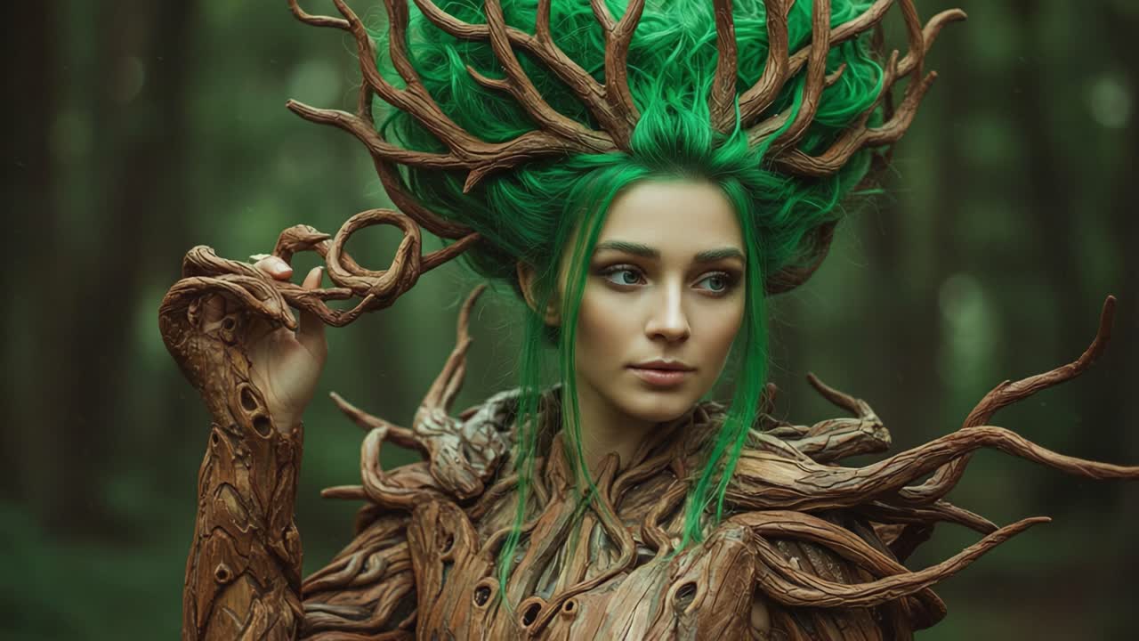 A Mystical Forest Guardian: Embracing Nature with Lush Green Hair and an Intricate Twisted Wood Ensemble