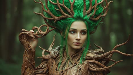 a mystical forest guardian: embracing nature with lush green hair and an intricate twisted wood ensemble