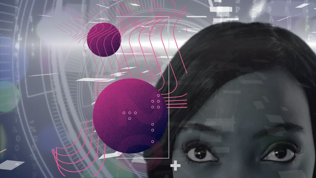 animación de globos con una red de conexiones sobre la cara de la mujer