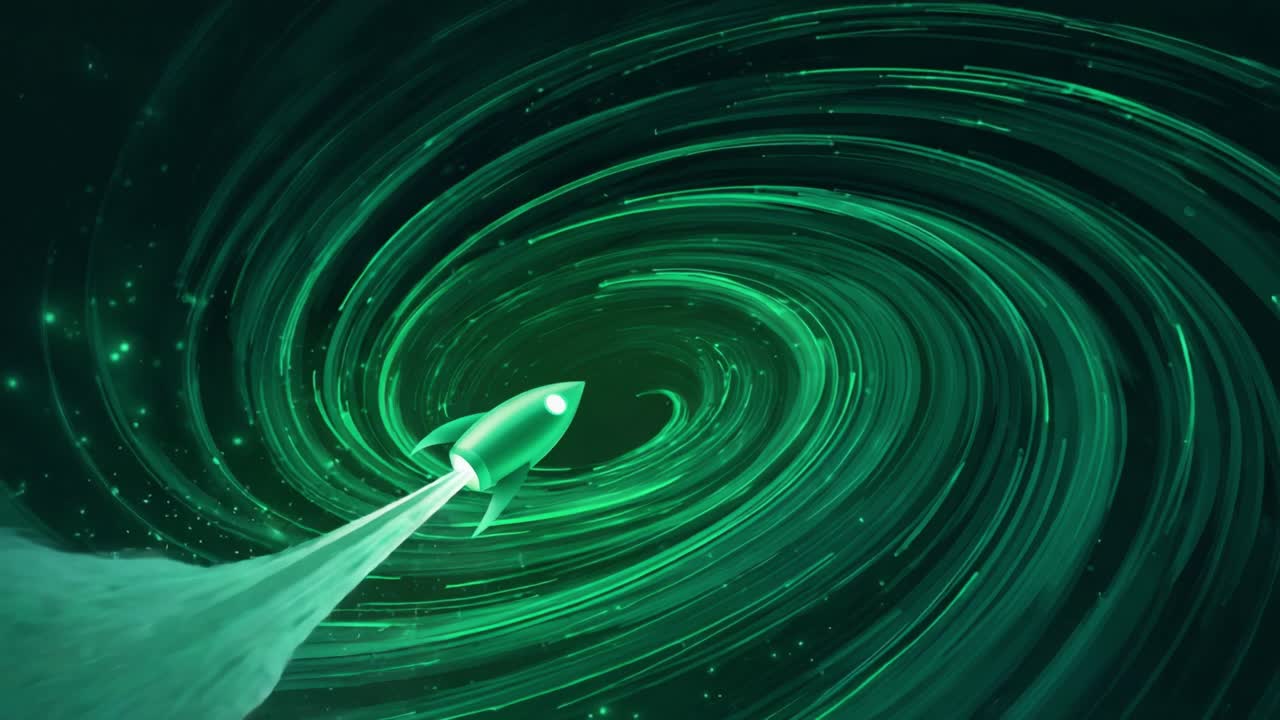 Stylized green rocket launching through a swirling galaxy vortex, representing concepts of space exploration, cosmic travel, business startup, innovation, and reaching for new goals
