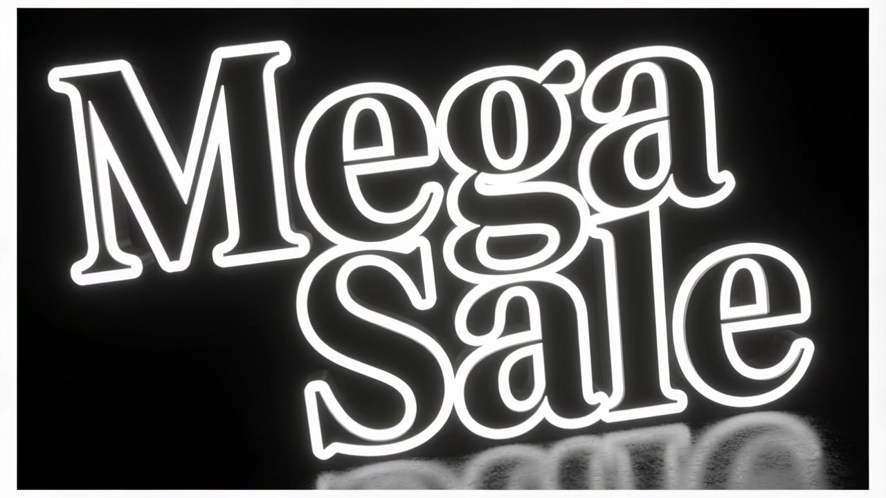 Titolo luminoso "Mega Saldi" con riflesso che si schiarisce durante i fotogrammi su sfondo nero con cornice bianca, promuovendo