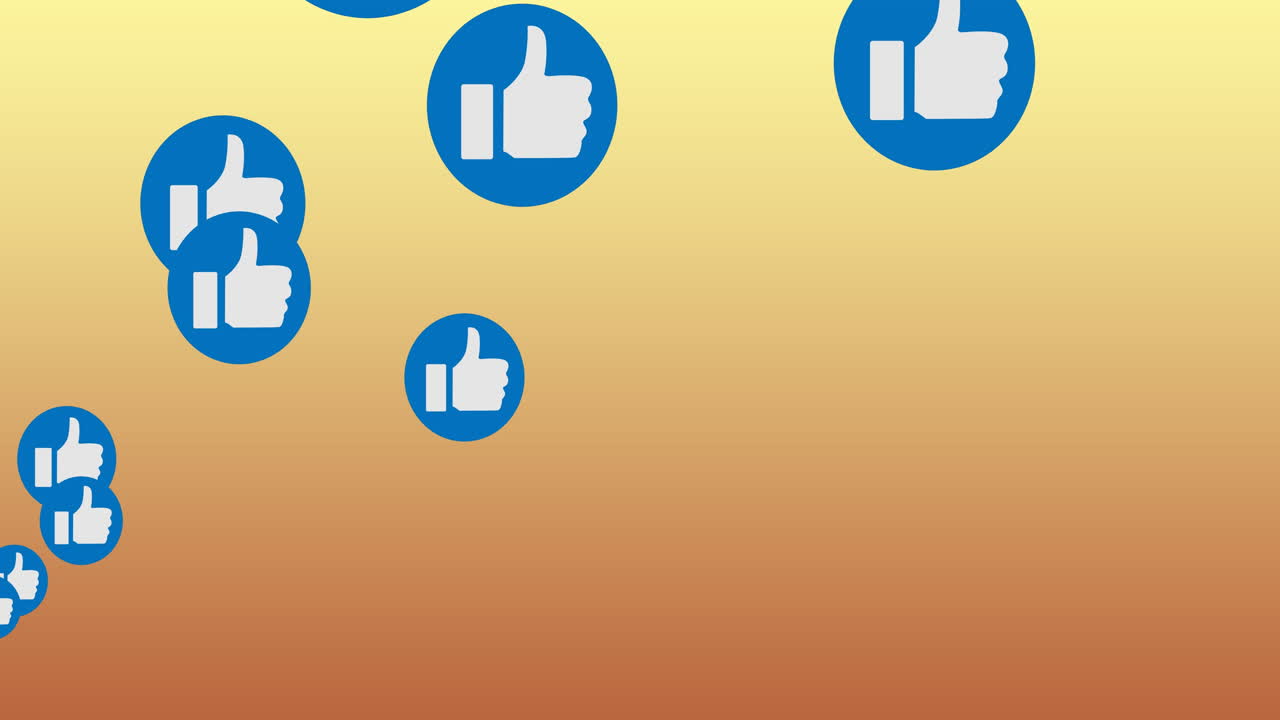 Digital animation of multiple like icons on blue round banner floating against gradient background