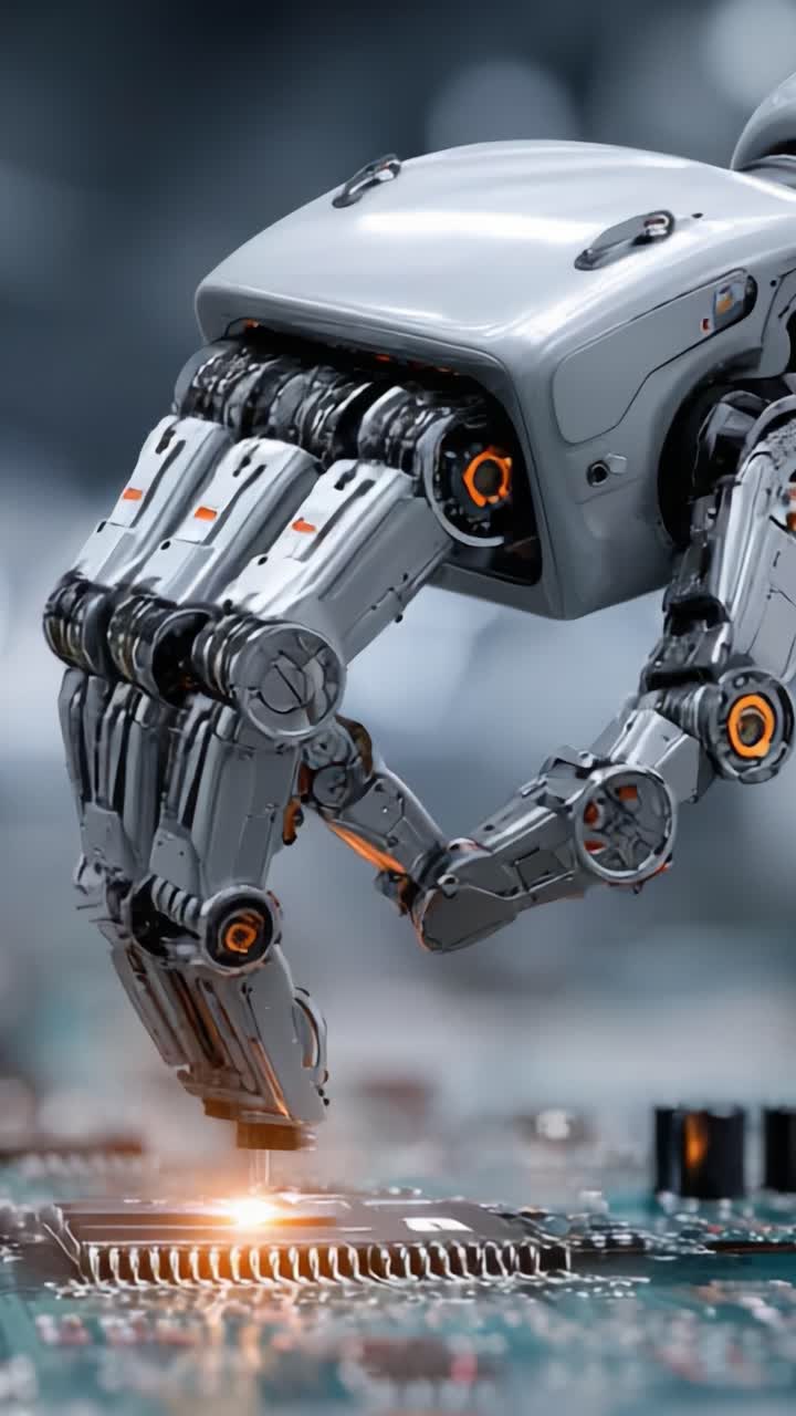 En yderst avanceret robotarm udfører præcisionsarbejde på et printkort, der viser banebrydende teknologi og innovation inden for robotteknologi og elektronikproduktion
