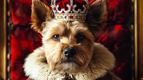 a small dog wearing a crown sitting on a throne