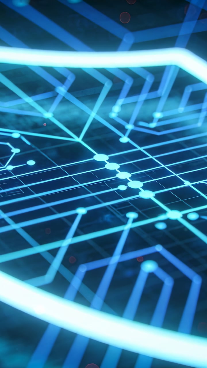 Vertical video: Shifting camera revealing neon-blue grid, grid pulsing nodes and curved band moving