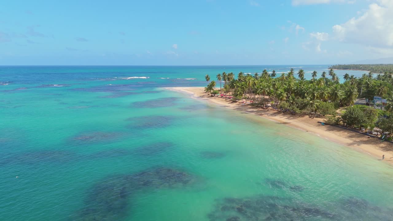 Volo aereo sopra Playa Punta Popy, Las Terrenas, con palme e acque cristalline.