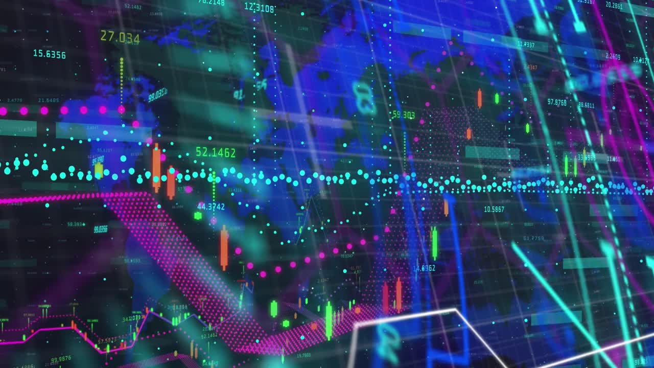animación del procesamiento de datos financieros sobre el mapa del mundo contra un fondo azul