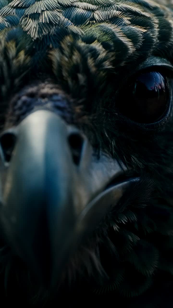 Vídeo vertical: cámara cambiando, cabeza de raptor moviéndose en primer plano, mostrando pico ganchudo y ojo oscuro