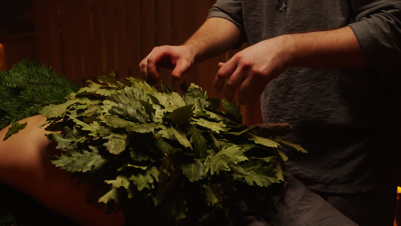 Traditional Russian Banya Back Massage with Oak Leaves