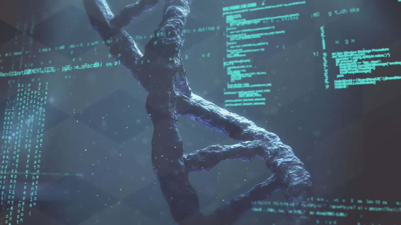 animación de nucleótidos, lenguaje informático y hélice de adn giratoria sobre un fondo abstracto