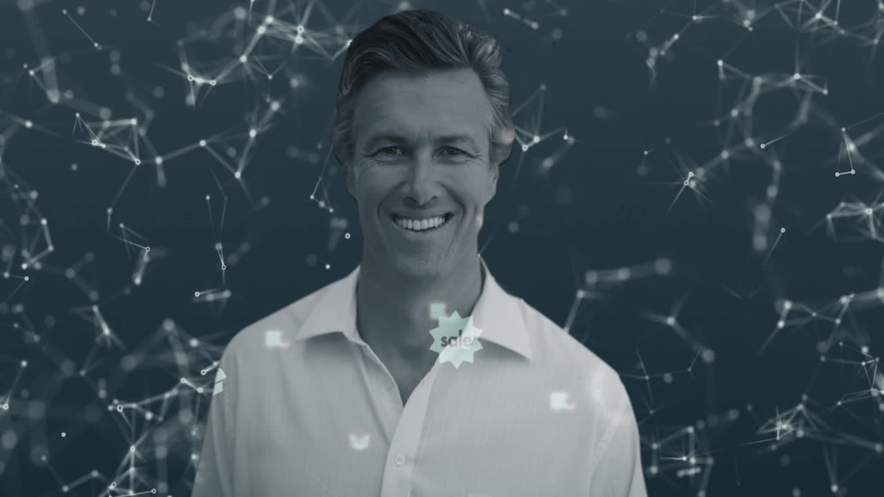 цифровые иконы и сеть соединений против человека улыбается