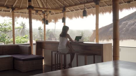 young girl typing on laptop and writing something on agenda while sitting on a stool at the beach