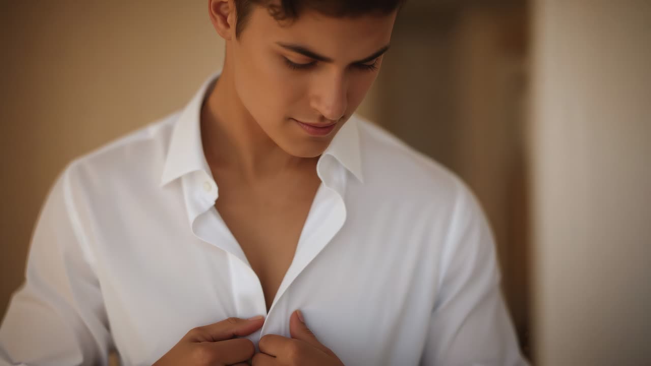 Uomo che si abbottona una camicia bianca a casa, portando le mani al petto e sistemando il colletto e i bottoni