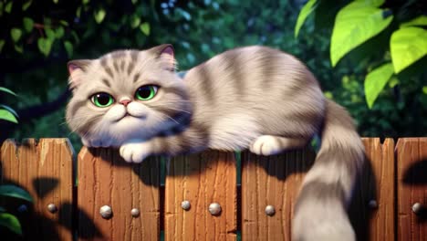 a charming cartoon cat relaxing on a fence surrounded by lush greenery, showcasing its adorable features and unique fur pattern