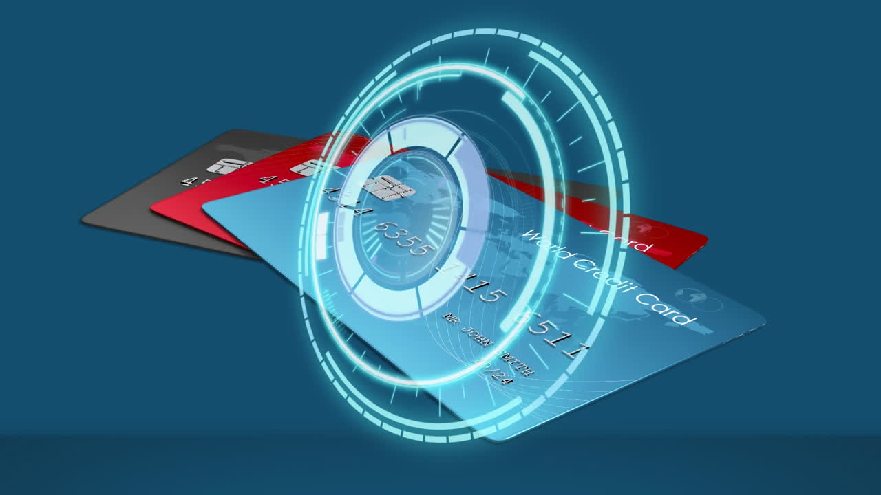 animación de circulares cerradura de caja fuerte girando más de tres tarjetas de crédito, sobre fondo azul oscuro
