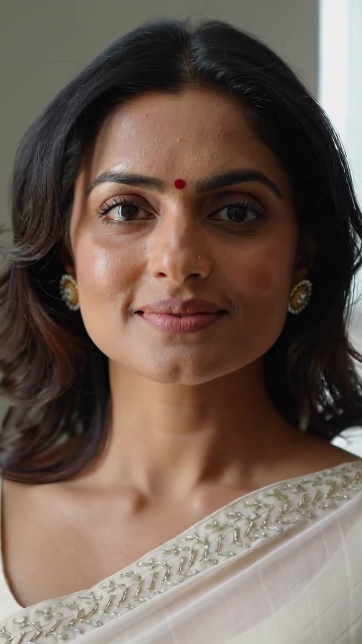 Video verticale: Donna in sari si gira verso la telecamera per un ritratto in studio, con bindi e orecchini, reagendo a un segnale.