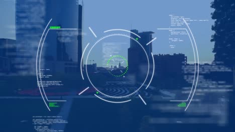 Animación-Del-Escaneo-De-Paisajes-Sobre-El-Procesamiento-De-Datos-Contra-La-Vista-Aérea-Del-Paisaje-Urbano