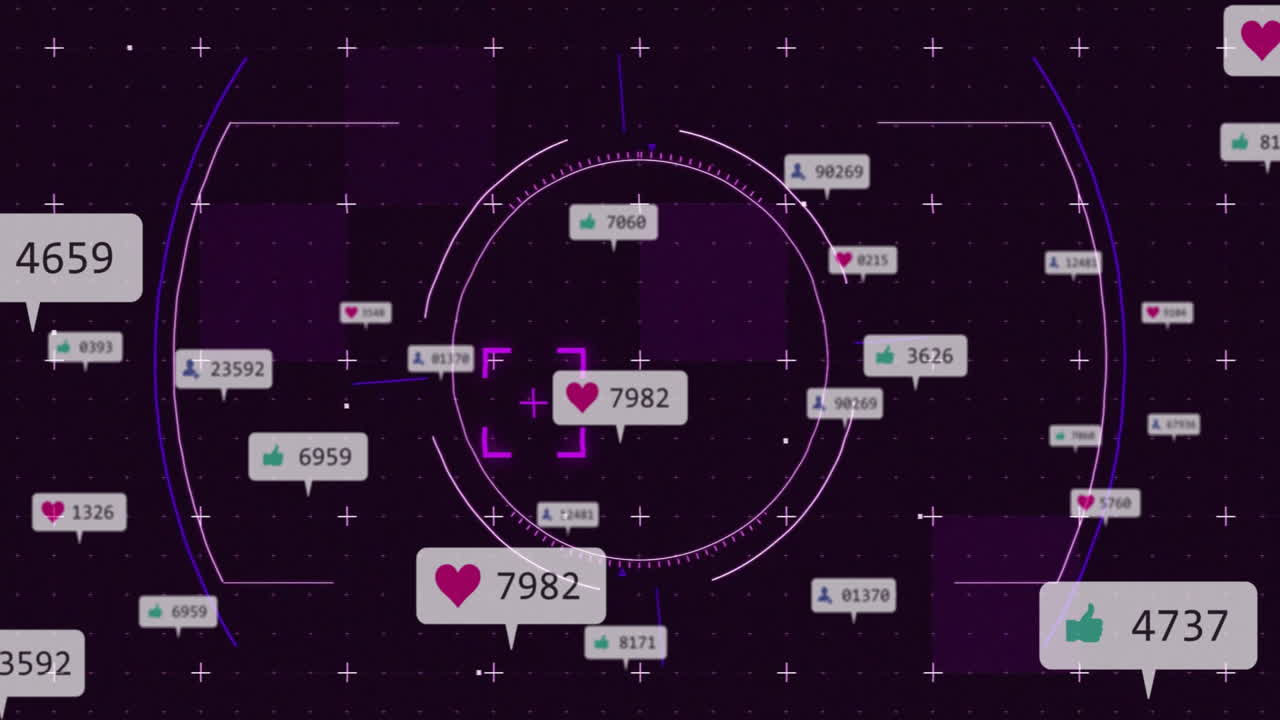Social media engagement icons and numbers floating over digital interface animation