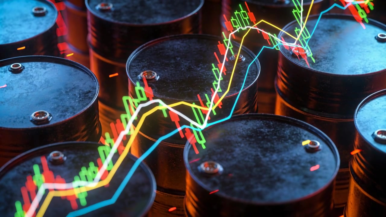 Erscheinendes Candlestick-Chart verläuft in Nahaufnahme über Metall-Ölfassdeckel und bildet einen steigenden Markttrend ab.