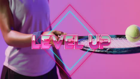 woman playing tennis in sports ad, featuring neon geometric frame and level up overlay