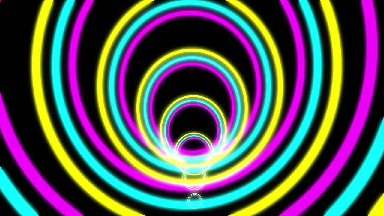 Animation of zap text on explosion bolt over tunnel of pink, yellow and blue neon rings