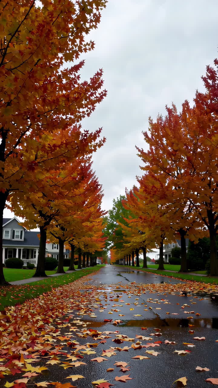 Autumn street lined with vibrant fall foliage and fallen leaves on a wet road