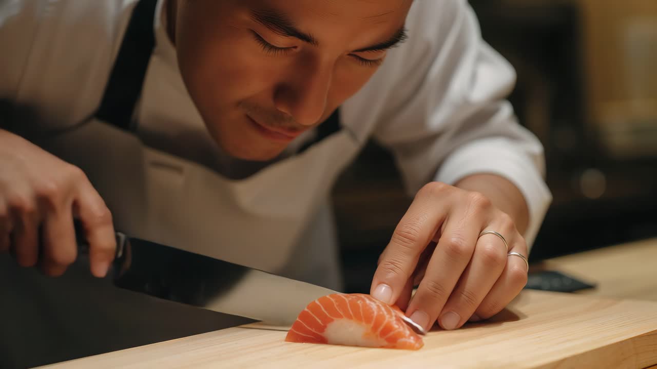 el chef está preparando sushi de salmón.