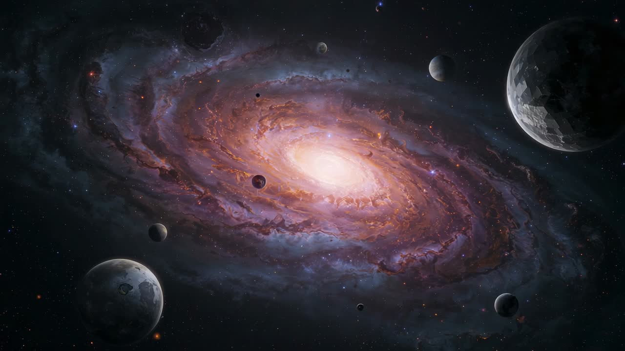 Opening shot revealing glowing spiral galaxy centering in dark space, highlighting orbiting planets