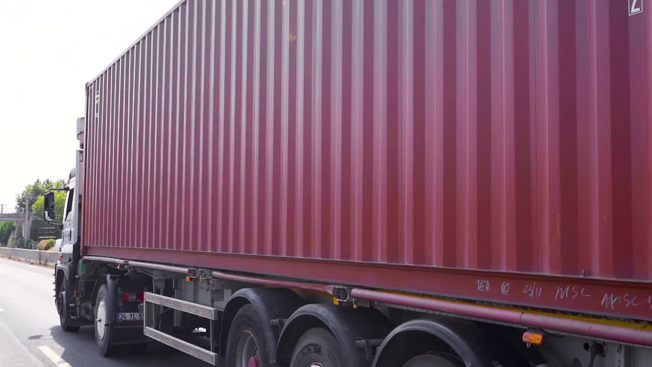Container truck. Slow Motion.