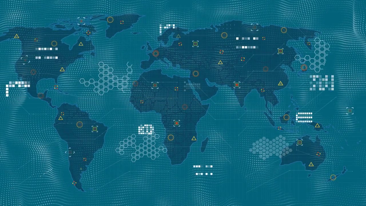 Animation of network of connections over world map on blue background