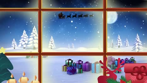 Animation-Einer-Winterweihnachtsszene-Mit-Weihnachtsmannschlitten-Und-Geschenken,-Gesehen-Durch-Das-Fenster