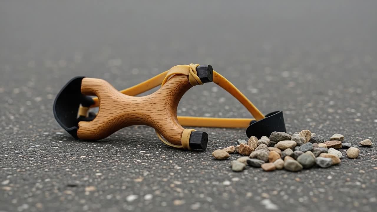 A Detailed Look at a Wooden Slingshot and Its Ammunition on a Smooth Pavement Surface: Combining Playfulness and Precision for Target Shooting