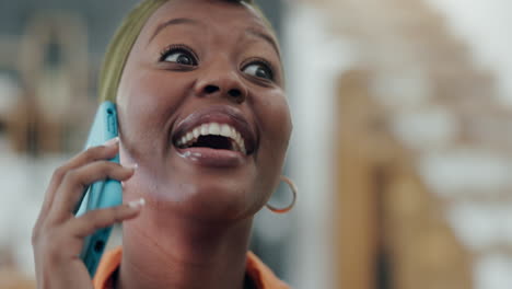 Black-woman,-talking-and-laughing-on-smartphone