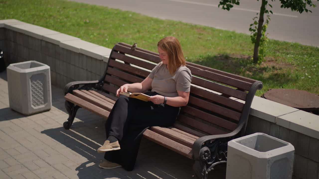 Woman sitting on wooden bench reading book outdoors on sunny day, small bird perched beside her creating peaceful and natural atmosphere, green grass and trees in background