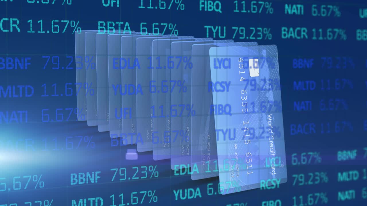 animación del procesamiento de datos financieros a través de tarjetas de crédito en fila
