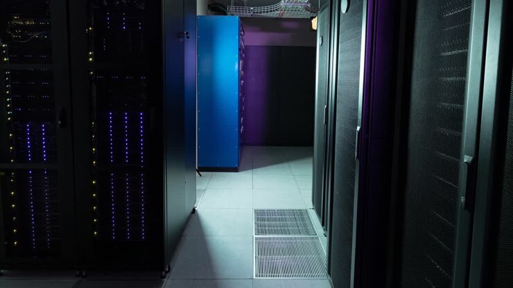 Video of empty corridor with rows of purple and blue computer servers