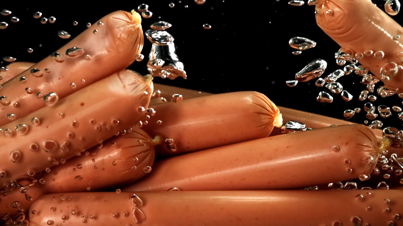 Salsicce che bollono in acqua con bolle su sfondo nero