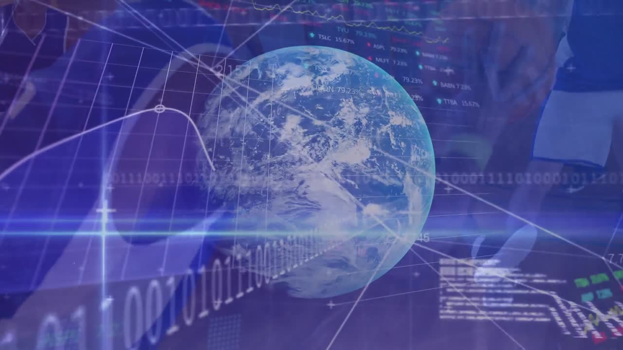 animación de procesamiento de datos y globo sobre diversos jugadores de baloncesto masculinos