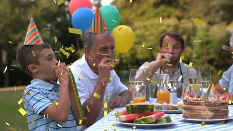 family members celebrating birthday outdoors, with animated cake candles balloons for marketing