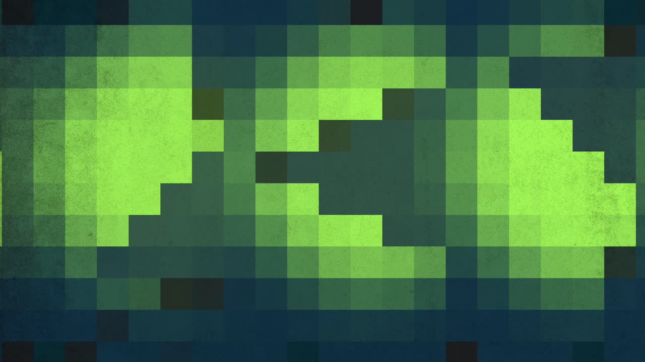 Abstract pixelated pattern consisting of varying shades of green and black squares arranged in a random yet visually striking manner, offering a versatile and intriguing design element