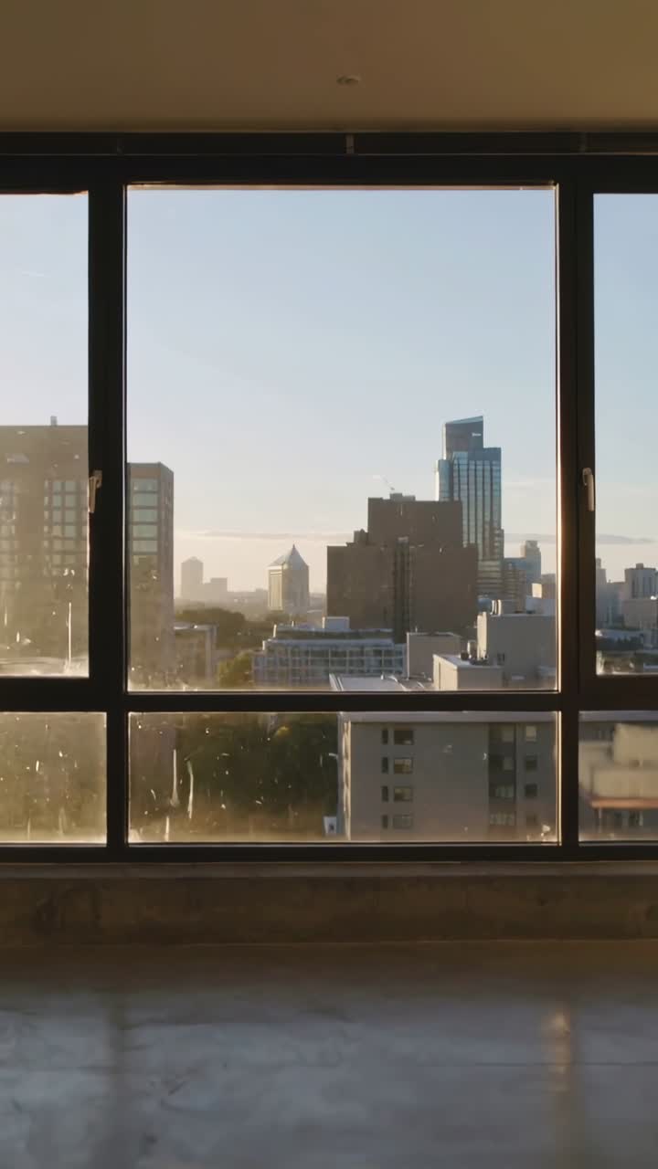 Video vertical: Cámara retrocediendo mostrando la vista del horizonte desde la ventana de un loft, la luz del sol iluminando las manchas del suelo.