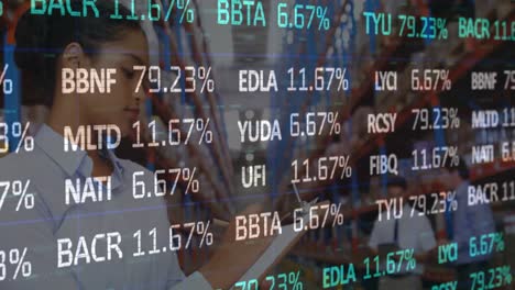 animation of financial data processing over woman with clipboard working in warehouse