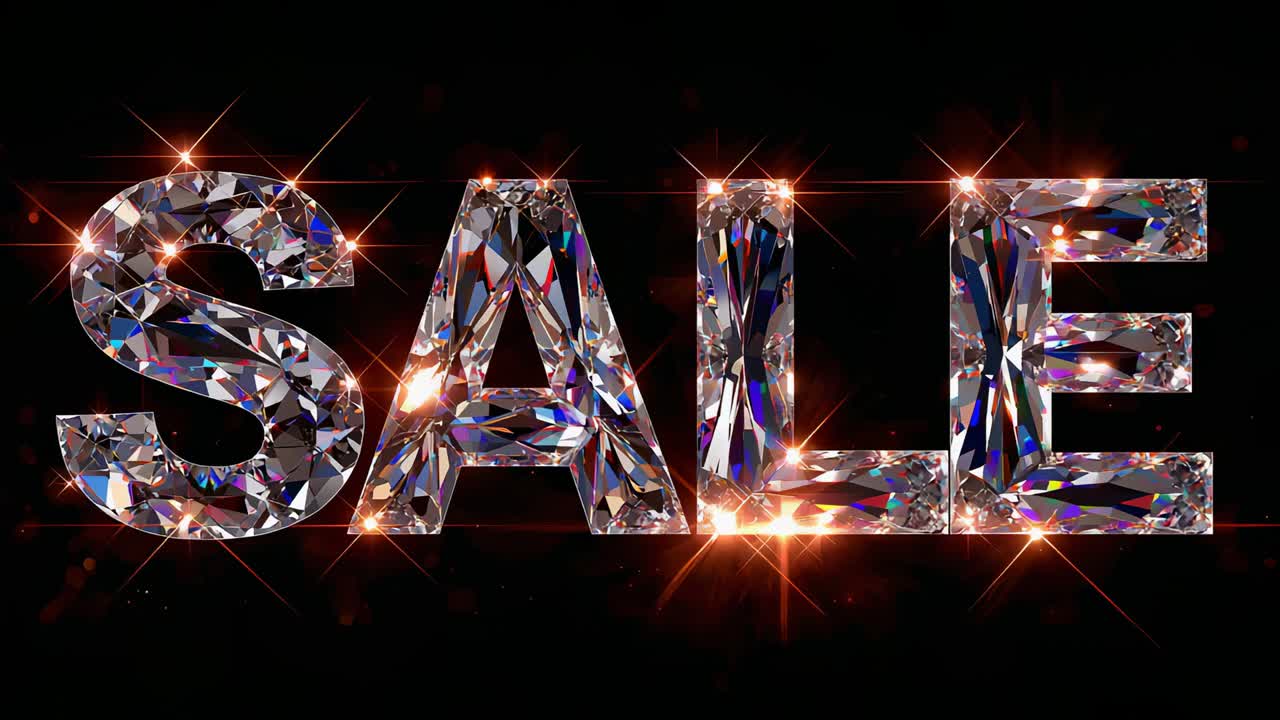 Twinkling SALE faceted letters reflecting starbursts at black void while point lights pulsing