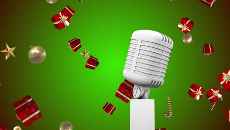 animación de un micrófono vintage con regalos de navidad cayendo sobre un fondo verde